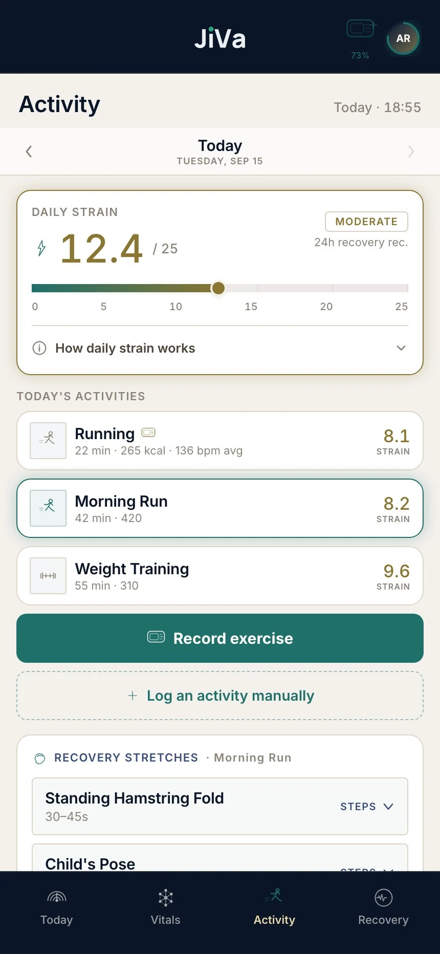 Activity tab showing daily strain and today's workouts