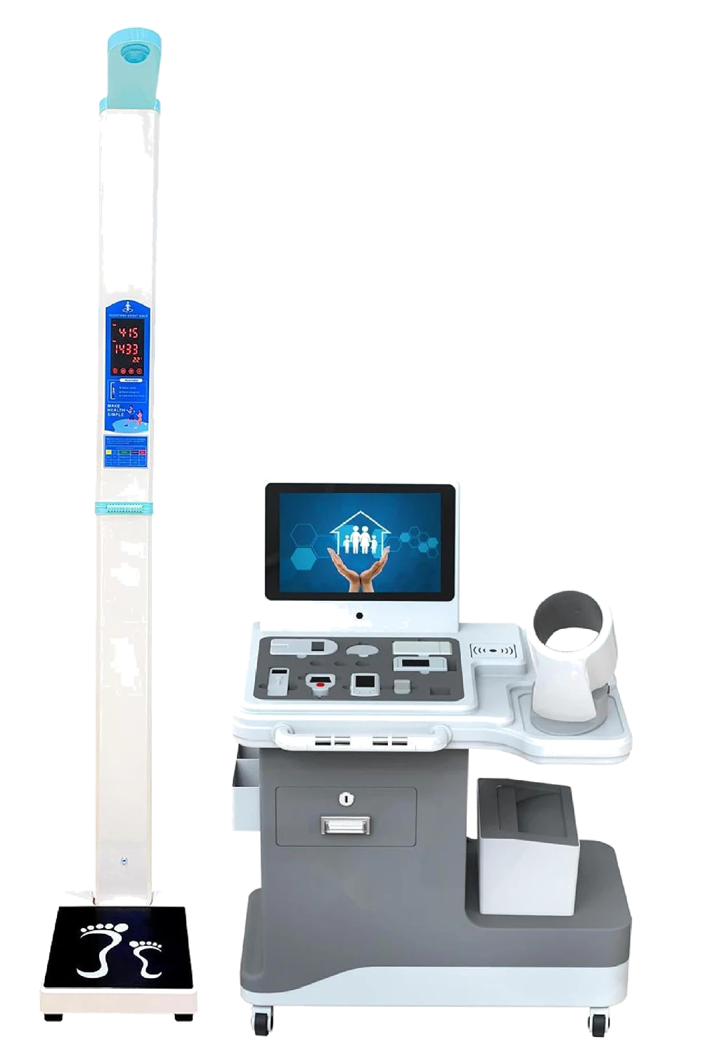 The Mobile Health Unit: a height and weight station beside a vitals cart with a screen, blood-pressure cuff and sensors